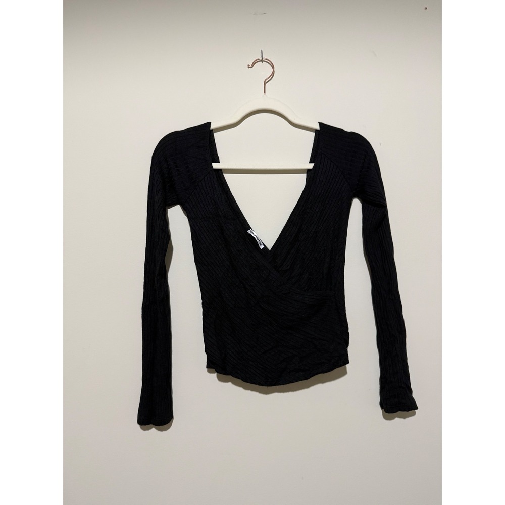 Reformation Black Ribbed Wrap V-Neck Long Sleeve Top Size S Tencel Modal Blend